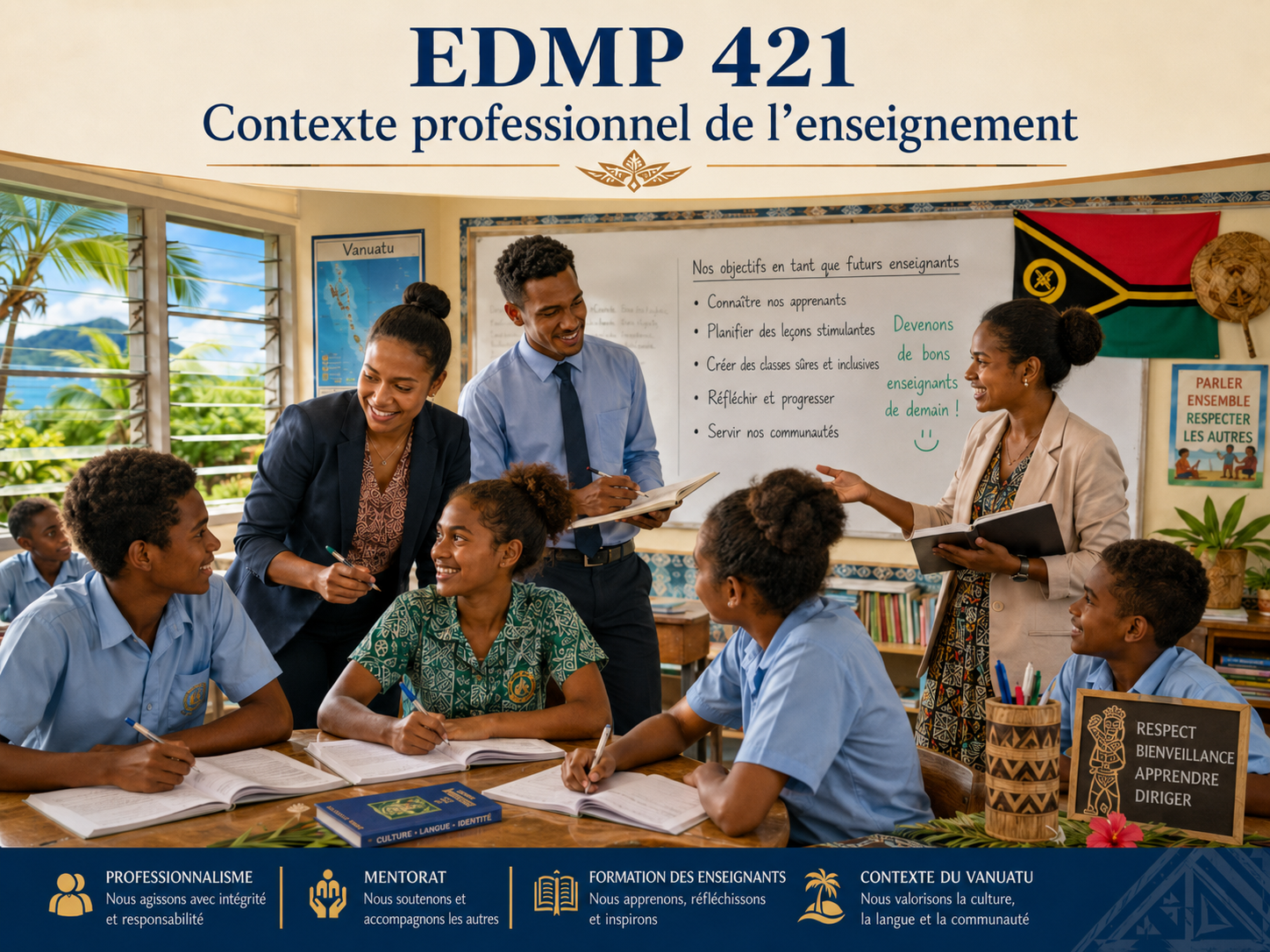 Cette image illustre des futurs enseignants du Vanuatu engagés dans une pratique professionnelle, inclusive, collaborative.